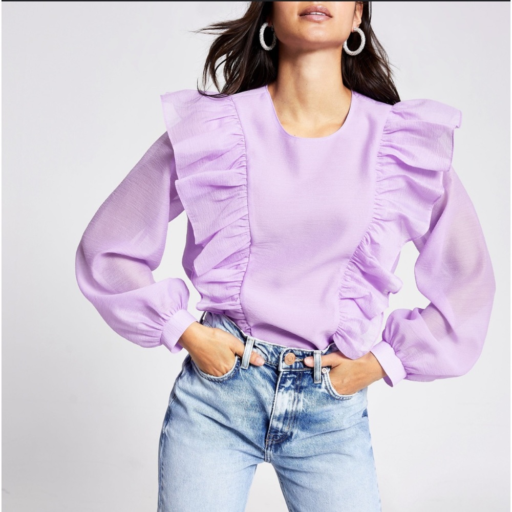 River Island Petite Lilac Frill Front Blouse Size 6